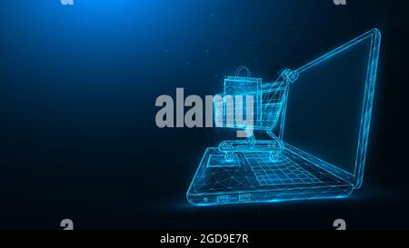 Online-Shopping, Einzelhandel und E-Commerce. Polygonale Darstellung eines Laptops und eines Warenkorbs auf blauem Hintergrund. E-Commerce-Store-Konzept. Stock Vektor