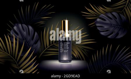 Sommer Nacht Hautpflege Kosmetik Vektor realistische Anzeigen Poster. Violette Flaschen mit Kollagen-Kosmetikserum, schwarzer goldener tropischer Palme, Monstera-Blätter auf dunklem Hintergrund. Modell für Magazin Stock Vektor