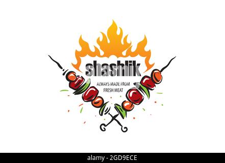 Vector-Logo mit gezeichneter Grillparty auf einem Spieß Stock Vektor