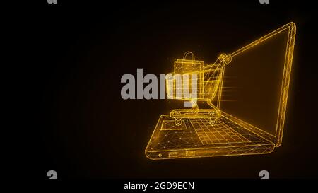 Online-Shopping, Einzelhandel und E-Commerce. Polygonale Illustration eines Laptops und eines Warenkorbs. E-Commerce-Store-Konzept. Stock Vektor