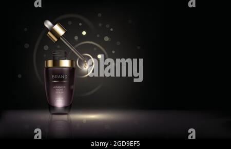 Nachtkosmetikprodukt für die Gesichtspflege, realistischer Vektor. Violette Glasflasche mit tropfender Pipette und flüssigem goldenen Tropfen belebenden Serums. Kosmetik auf glänzender Oberfläche im Dunkeln mit Lichtern Stock Vektor