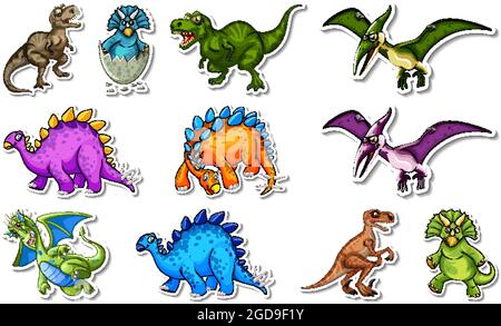 Aufkleber mit verschiedenen Arten von Dinosauriern Cartoon-Figuren Illustration gesetzt Stock Vektor