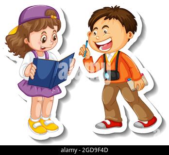 Sticker Vorlage mit paar Kindern Studenten Cartoon Charakter isoliert Illustration Stock Vektor