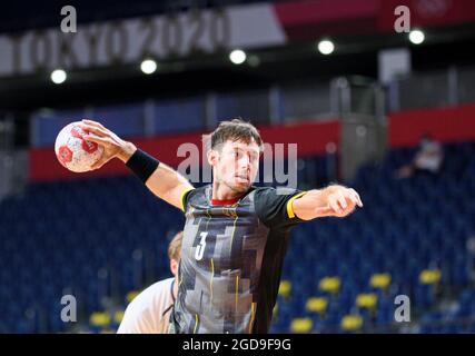 Uwe GENSHEIMER scheidet aus der Nationalmannschaft aus, Archivfoto: Uwe GENSHEIMER (GER), Action, Siebenmeter, Deutschland - Norwegen Deutschland vs Norwegen (GER) - (NOR) 28:23, Männer-Handball-Vorgruppe A, menÃÂ • Vorrunde Gruppe A, Yoyogi-Nationalstadion am 30. Juli 2021 Olympische Sommerspiele 2020, ab 23. Juli. - 08.08.2021 in Tokio/Japan. Stockfoto