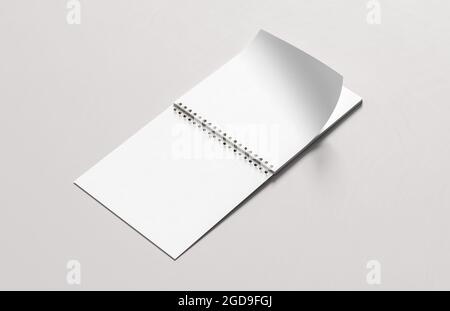 Realistisches Spiralbinder quadratisches Notizbuch Modell isoliert auf weißem Hintergrund. 3D-Illustration Stockfoto