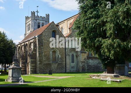 Das historische Äußere der Waltham Abbey Church, Essex, Südengland Stockfoto