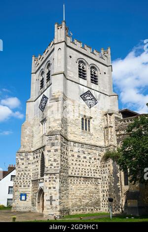 Der Turm aus dem 16. Jahrhundert der Waltham Abbey Church, Waltham Abbey, Essex, Südengland Stockfoto