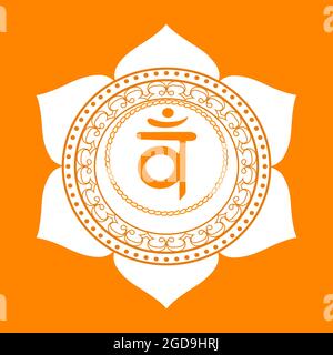 Das zweite Swadhisthana-Chakra mit dem Hindu-Sanskrit-Samenmantra VAM . Orange ist ein flaches Symbol für Meditation, Yoga.Vektor Stock Vektor