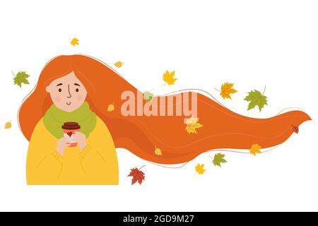 Schönes Mädchen mit Herbstblättern in langen rothaarigen sich entwickelnden Haaren mit Kaffee. Vektor-Illustration. Herbst-Charakter im flachen Stil für Design, Deko Stock Vektor