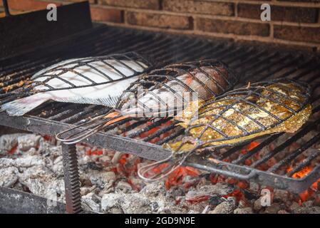 Fresh Turbot (Rodaballo) kocht auf einem traditionellen Grill im Fischerdorf Getaria im Baskenland, Spanien Stockfoto