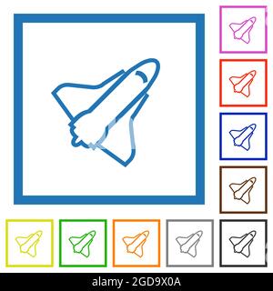 Space Shuttle umreißt flache Farbsymbole in quadratischen Rahmen auf weißem Hintergrund Stock Vektor