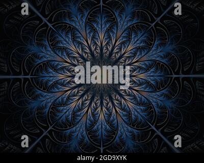 Illustration fraktale Ornament Hintergrund helles Muster auf schwarz. Illustration im Buntglasstil mit abstrakten Blumen, Wirbeln und Blättern. Mandala Stockfoto