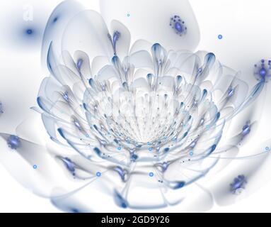 Mehrfarbiger fraktaler Bildausschnitt, digitale Kunst. Abstrakter Hintergrund für Design, Site Design - Rasterdarstellung. Verzierte Blütenblätter von ungewöhnlichen Blüten. Stockfoto