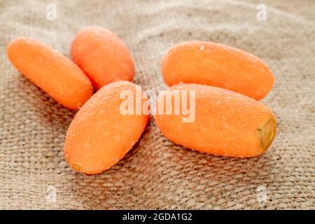 Mehrere leuchtend orange Natur-Mini-Karotten, Nahaufnahme, auf Sacktuch Stockfoto