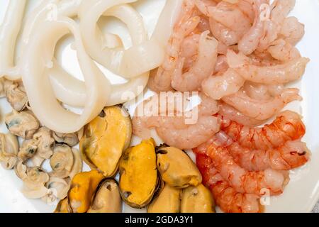 Makrofoto eines sauberen Meeresfrüchtetellers, der bereit ist, eine Paella zu machen. Tintenfisch, Muscheln, Muscheln und Garnelen. Gesundes Lebensmittelkonzept Stockfoto