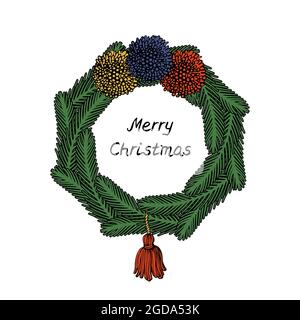 Colourful Line Art Weihnachtskranz Cliparts, Fichtenzweige mit Pompon und Quaste verziert Stock Vektor