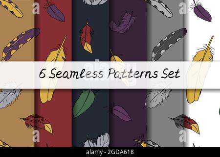 Nahtlose Muster mit handgezeichneten Doodle-Boho-Federn. Bohemian Textures Kollektion. Stock Vektor