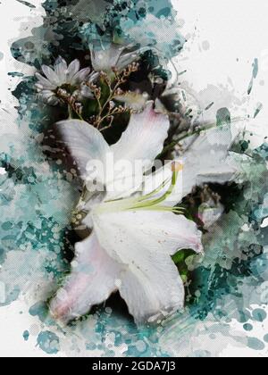 Schönes Bouquet von weißen Lilien. Nahaufnahme von weißen, zarten Blüten. Symbol der Keuschheit der Jungfrau Maria im Christentum. Digitale Aquarellfarbe Painti Stockfoto