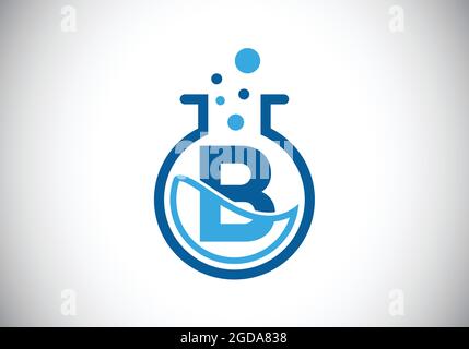 Initiales B-Monogramm-Alphabet mit Laborglas, chemischer Flüssigkeit und Blasen. Lab-Logo. Logo für Wissenschaft, Technologie und Unternehmensidentität Stock Vektor