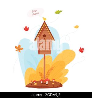Cartoon Holzvogelhaus im Wald. Tiny Bird Tweets Hallo Herbst. Vektorgrafik Stock Vektor