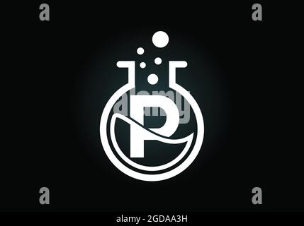 Anfängliches P-Monogramm-Alphabet mit Laborglas, chemischer Flüssigkeit und Blasen. Lab-Logo. Logo für Wissenschaft, Technologie und Unternehmensidentität Stock Vektor