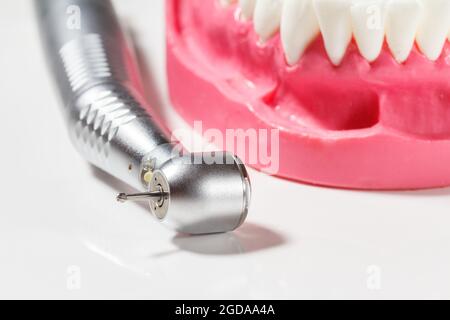 Kopf der High-Speed-Dental-Handstück mit Bohrer und ein Layout des menschlichen Kiefers auf dem weißen Hintergrund. Zahnärztliche Instrumente für die zahnärztliche Behandlung. Nahaufnahme Stockfoto