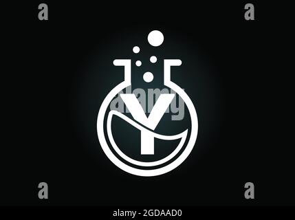 Anfängliches Y-Monogramm-Alphabet mit Laborglas, chemischer Flüssigkeit und Blasen. Lab-Logo. Logo für Wissenschaft, Technologie und Unternehmensidentität Stock Vektor