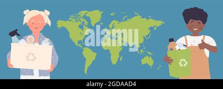 Welt Umwelt Tag und Kinder, umweltfreundliche Lifestyle-Vektor-Illustration. Cartoon Mädchen Junge Kind Charakter hält Boxen mit Müll Abfälle zu recyceln, saubere Ökologie des Planeten Erde Hintergrund Stock Vektor