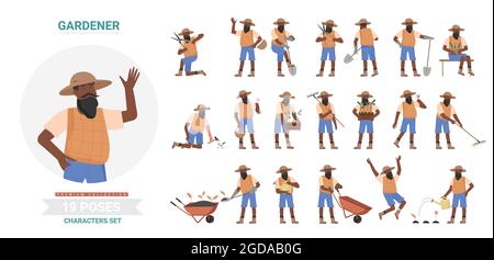 Afrikanische schwarze Gärtner arbeiten Posen Infografik Vektor Illustration Set. Cartoon Wohnung ältere bärtige Mann Arbeiter Landwirt Charakter Pflanzen und Ernte verschiedene Haltungen, Bauernhof Gartenarbeit isoliert Stock Vektor