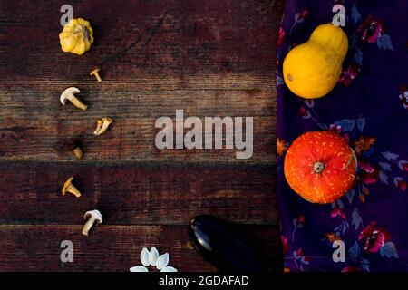 Herbstrahmen Zusammensetzung und Layout aus bunten Kürbissen, Auberginen, lila Blume Textil, Pilze gealtert vintage alten roten Hintergrund Selektive fo Stockfoto