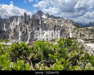 unesco Welterbe, dolomiten in europa, Panoramabild zur gruppo dei cadini torre siorpaes. Wanderlust Stockfoto