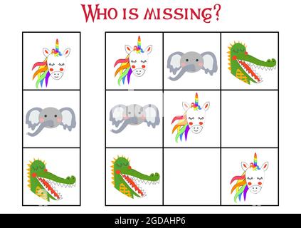 Sudoku Spiel für Kinder mit Bildern. Kinder Aktivität Blatt. Niedliche afrikanische Tiere Schnauze Stock Vektor