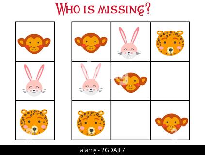 Sudoku Spiel für Kinder mit Bildern. Kinder Aktivität Blatt. Niedliche afrikanische Tiere Schnauze Stock Vektor