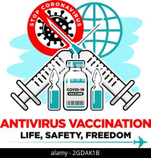 Globales Impfkonzept COVID-19. Medizinische Spritze mit Nadel, Fläschchen und Flasche mit dem Medikament gegen Coronavirus. Leben, Sicherheit, Freiheit reisen. Vec Stock Vektor