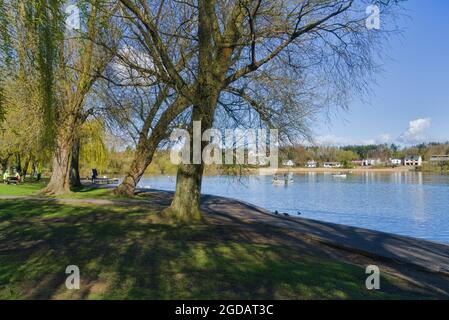 Heller, sonniger Tag am Linlithgow loch, Peel. Angeln, Boote. West Lothian, Central Scotland, Großbritannien. Stockfoto