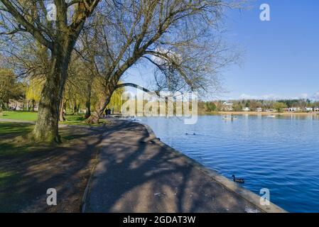 Heller, sonniger Tag am Linlithgow loch, Peel. Angeln, Boote. West Lothian, Central Scotland, Großbritannien. Stockfoto