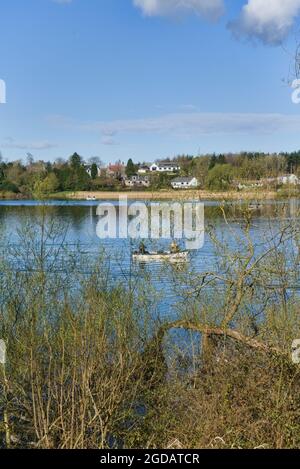 Heller, sonniger Tag am Linlithgow loch, Peel. Angeln, Boote. West Lothian, Central Scotland, Großbritannien. Stockfoto