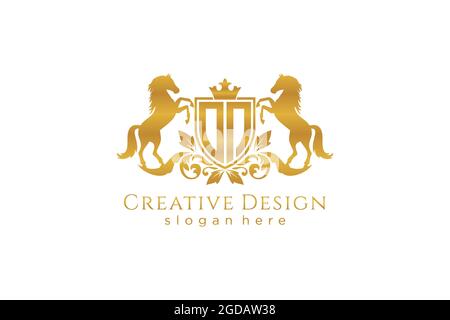AUF Retro goldenem Wappen mit Schild und zwei Pferden, Badge-Vorlage mit Rollen und königlicher Krone - perfekt für luxuriöse Branding-Projekte Stock Vektor