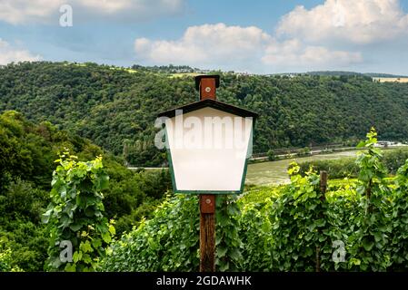 Leere Holzschild auf einem Holzpfosten in Weingütern im Hintergrund Hügel mit Wald. Stockfoto