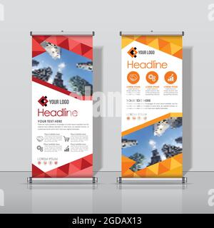 Gelb, Rot, Roll Up Banner Design, Business Abstract Vertikale Vorlage Vektor Cover Abstract Modern Rechteck Größe. Stock Vektor