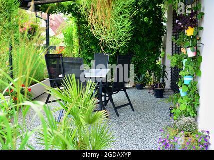 Wunderschöne Außenterrasse mit Steinteppichboden, wachsenden grünen Blumen und Pflanzen und Tisch mit Stühlen. Haus Terrasse mit Pflanzen überwuchert Stockfoto