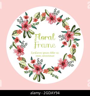 Blumenrahmen mit roten Blüten in verschiedenen Größen und Blättern verschiedener Arten und Größen in Aquarell gezeichnet Stock Vektor