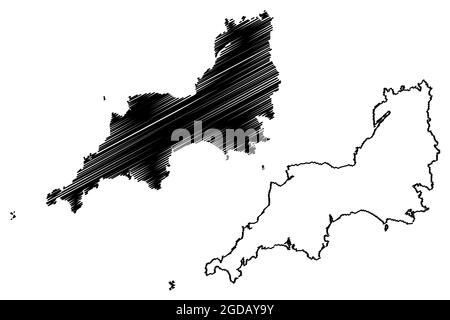 Region Südwestengland (Vereinigtes Königreich, Region of England) Kartenvektordarstellung, Skizze Südwestengland Karte Stock Vektor