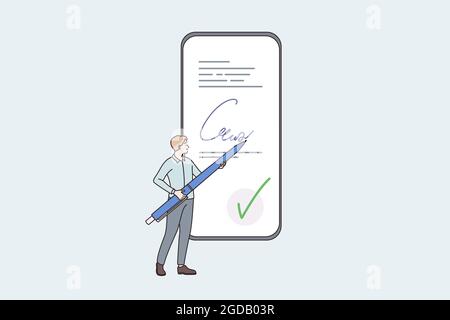 Elektronische Signatur und Technologiekonzept. Kleiner Mann, der großen Stift in den Händen hält und Signaturpapier online auf dem Smartphone-Bildschirm Vektorgrafik macht Stock Vektor