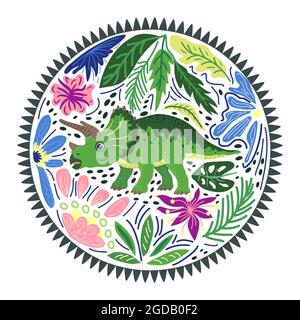 Triceratops grüne, prähistorische Dinosaurier-Kollektion. Uralte Tiere. Von Hand gezeichnet. In einem Rahmen aus Blumen und Blättern. Stock Vektor