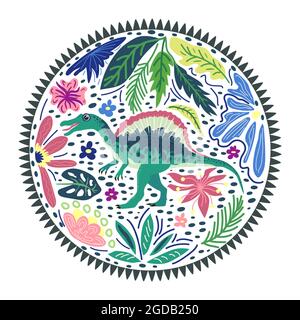 Spinosaurus Smaragd, prähistorische Dinosaurier-Kollektion. Uralte Tiere. Von Hand gezeichnet. In einem Rahmen aus Blumen und Blättern. Stock Vektor