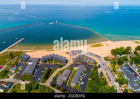 Frankfort North Breakwater Lighthouse Michigan heißt Riviere Aux Bec Scies am Lake Michigan Stockfoto