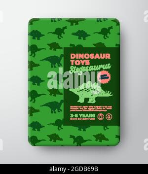 Label-Vorlage Für Dinosaurier-Spielzeug. Design-Layout Für Abstrakte Vektorverpackungen. Handgezeichnete Stegosaurus-Skizze mit uraltem Reptil-Craetures-Muster-Hintergrund Stock Vektor