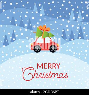 Winterkarte mit einem kleinen roten Oldtimer, der einen Weihnachtsbaum auf der Oberseite trägt. Verschneite Landschaft mit Tannen und Häusern. Stock Vektor