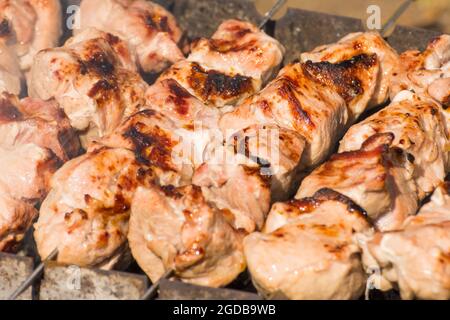 Shish Kebab Fleisch Schweinefleisch Nahaufnahme auf dem Grill Stockfoto